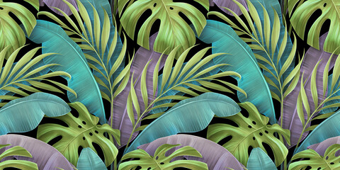Tropical luxury seamless pattern. Pastel colorful exotic banana leaves, palm. Hand-drawn vintage 3D illustration. Glamorous background design. Good for wallpaper, poster, cloth, fabric printing, paper - 464888616