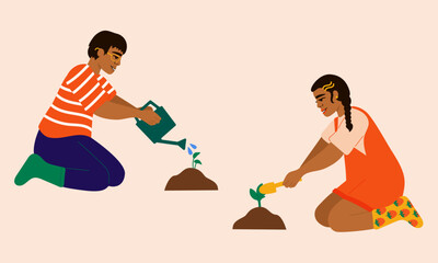 Illustration of two children planting herbs in garden