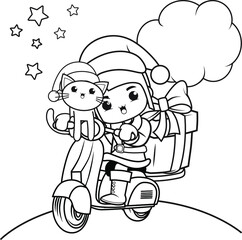 Christmas coloring book with cute girl