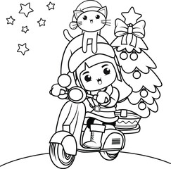 Christmas coloring book with cute girl