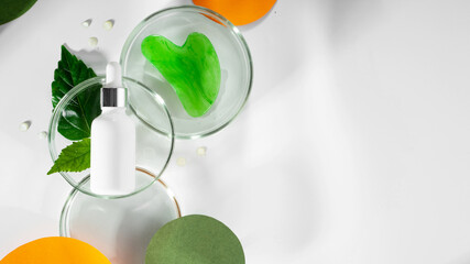 Polyglutamic acid, for deep hydration and facial skin care. Petri dishes with green leaf and water....