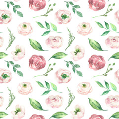 Seamless pattern with hand painted watercolor red, pink flowers on white background. Cute design for Spring textile design, scrapbook paper, decorations. High quality illustration