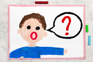 Colorful drawing: The boy asks a question. Question mark in speach bubble.