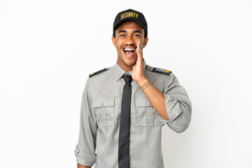 African American safeguard over isolated white background shouting with mouth wide open