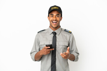 African American safeguard over isolated white background surprised and sending a message