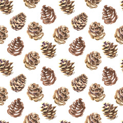 Seamless pattern with hand painted watercolor pine cones on white background. Cute design for Merry Christmas winter textile design, scrapbook paper, decorations. . High quality illustration