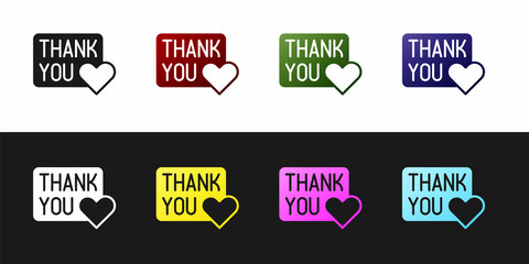 Set Thank you with heart icon isolated on black and white background. Handwritten lettering. Vector
