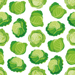 Seamless pattern with cabbage on a white background. Vector illustration of fresh vegetables in cartoon simple flat style.