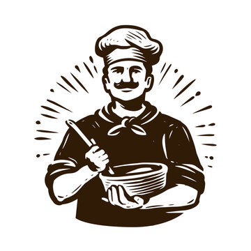Chef whips dough with culinary whisk for baking. Cooking emblem in vintage style. Vector illustration