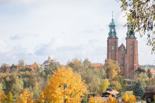 Cathedral in Giezno, Poland. Old town sacred buildings, architecture of the first polish capital.  Autumnal view.
