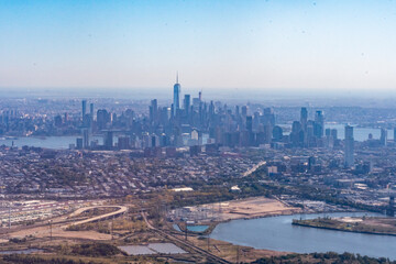 Aerial View of Lower Manhattan,  the financial district, freedom tower, and Jersey City.