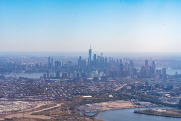Aerial View of Lower Manhattan,  the financial district, freedom tower, and Jersey City.