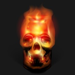 Glass transparent skull with a with a flame inside inside. A candle in the form of a skull on a black background. Vector from gradient meshes. ENP10.