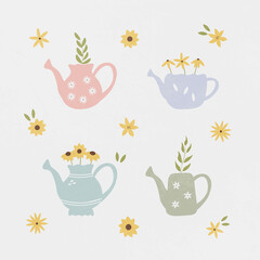 Set of watering can with flowers and leaves. Garden 