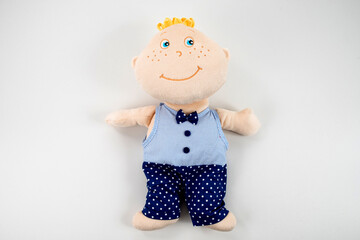 Soft toy for children on a white background.Doll.