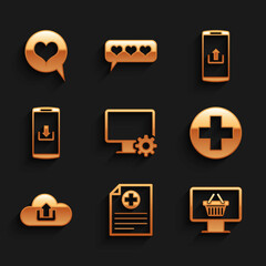 Set Computer monitor and gear, Clinical record, Monitor with shopping basket, Medical cross circle, Cloud upload and Smartphone download icon. Vector