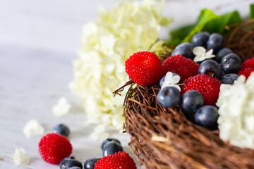 Ripe blueberries and Tibetan raspberries lie in a basket of vines