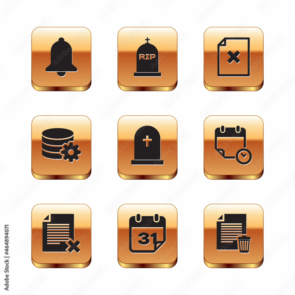 Poster set ringing bell, delete file document, calendar, tombstone with cross, setting database server and 
