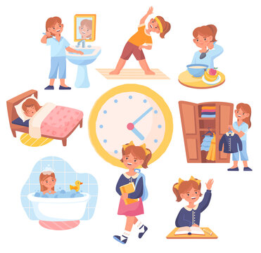 Daily routine set. Collection of images with girl. Day regimen, time management. Ordinary schoolgirl day. Exercise, hygiene, study. Cartoon flat vector illustration isolated on white background