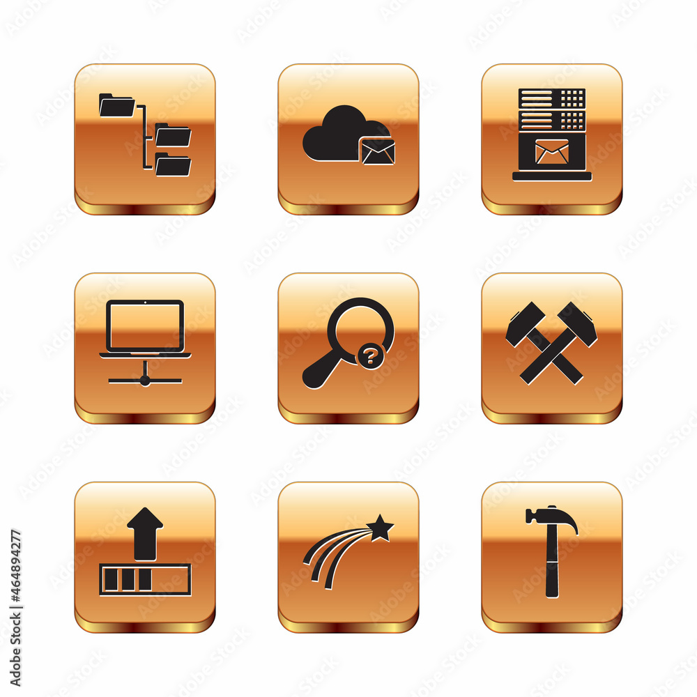 Poster set folder tree, loading, falling star, unknown search, computer network and mail server icon. vecto