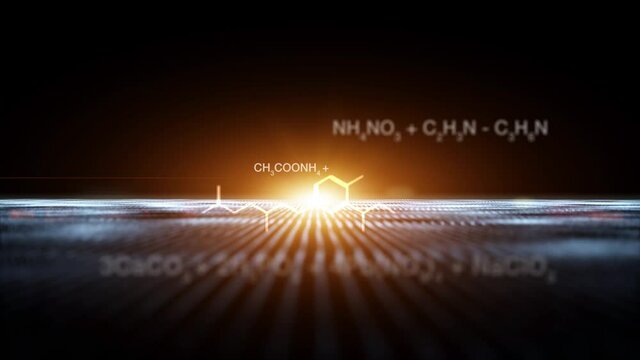 Abstract science chemical hexagon bonds and equations. Concept school learning chemistry background animation.