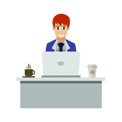 Man in front of laptop on white background