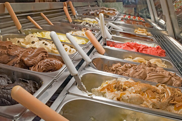Ice cream shop's display of tasty gelato.