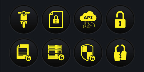 Set Document and lock, Open padlock, Server security with, Shield, Cloud api interface and icon. Vector