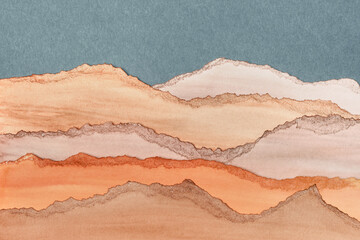 Desert landscape. Abstract texture background. Layers of watercolor painted paper. Torn edges.