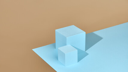 Two podiums on blue and beige background. Backdrop for product display.
