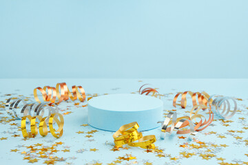 New Year, Christmas, or Birthday background. Round podium and scattered holiday confetti,...