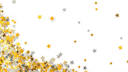 Festive confetti in the form of stars scattered on a white background, decorations for Christmas and parties