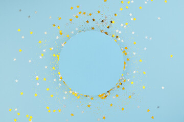 New Year, Christmas, or Birthday background. Round podium and scattered holiday confetti.