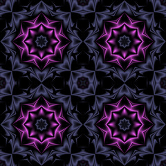 Pink and gray flowers on black. Motion Graphics Pattern. Fractal Animation. Abstract Kaleidoscope Background.