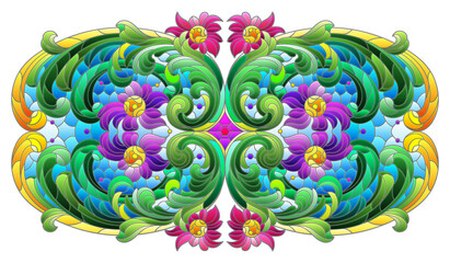 Illustration in the style of a stained glass window with an abstract floral element, the composition is isolated on a white background