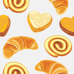Seamless pattern with croissants, cookies and chocolate roll