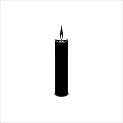 A burning wax candle in black on a white background.