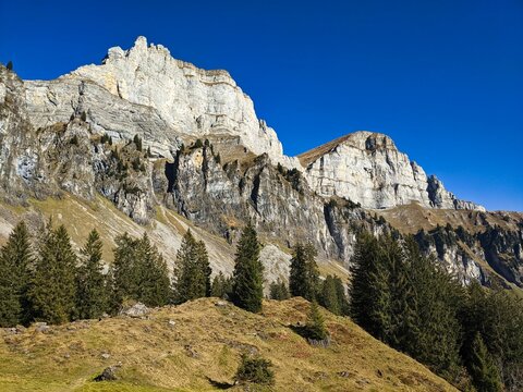breathtaking view of de churfirsten above Tschingla. North face. mountain nature landscape. autumn hike. mountaineering