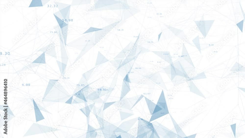 Poster isolated on white blue geometric triangles lines and dots with numbers motion animation background.