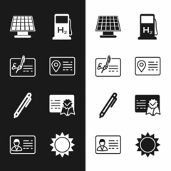 Set Address book, Signed document, Solar energy panel, Hydrogen filling station, Pen, Certificate template, Sun and Identification badge icon. Vector