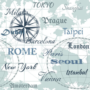 Seamless vector sea map with compass, city names: Tokyo, Milan, Shanghai, Prague, Dubai, Barcelona, Taipei, London, Paris, Rome, Seoul, New York, Istanbul, Vienna, Amsterdam. For textiles, wallpaper.