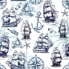 Seamless marine pattern in vintage style with sailing ships, compass, anchor, sea shells.