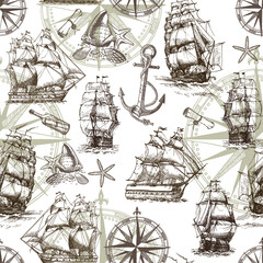 Seamless marine pattern in vintage style with sailing ships, compass, anchor, sea shells.