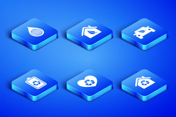 Set Eco House with recycling, Earth planet water drop, friendly heart, Battery recycle, house and car drive leaf icon. Vector