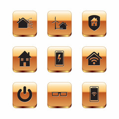 Set Smart home, Power button, Glasses, Mobile charging battery, House, under protection, with wi-fi wireless and wind turbine icon. Vector
