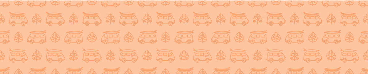 Seamless pattern with orange tropical leaves and vans with surfboards