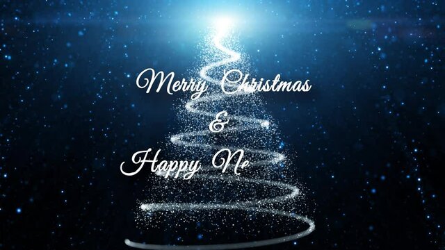 Holiday merry christmas and new year greeting card with drawing christmas tree on dark blue background animation with falling snow. Concept copy space greeting card.