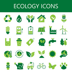 green ecology and environment flat icon set. eco friendly symbol collection concept. natural and renewable energy sign. vector illustration flat style. isolated on white background.