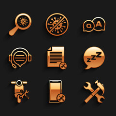 Set File document service, Mobile, Crossed hammer and wrench, Speech bubble with snoring, Scooter, Headphones speech chat, Question Answer and Microorganisms under magnifier icon. Vector