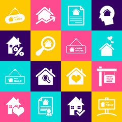 Set Hanging sign with For Rent, Open house, House heart shape, contract, Search, percant, and icon. Vector